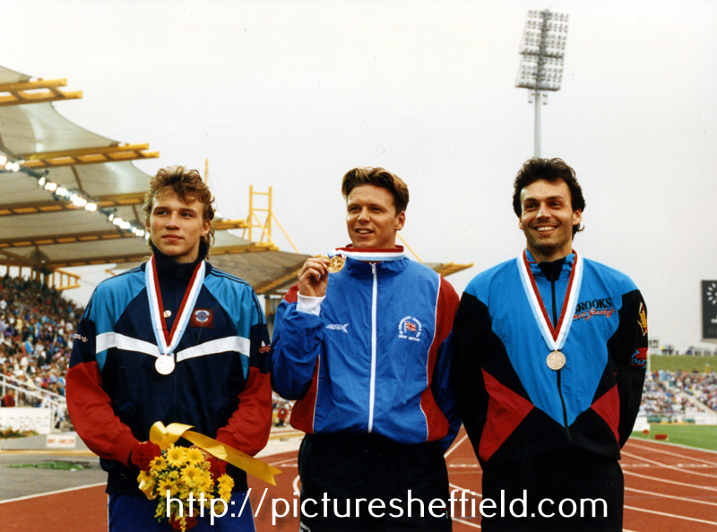 G.B.Team Captain, Steve Backley, Mens Javelin Winner with silver medalist (left), Vladimir Ovchinnikov (Russia) and Bronze Medalist K. Hempel (Germany), World Student Games, Don Valley Stadium