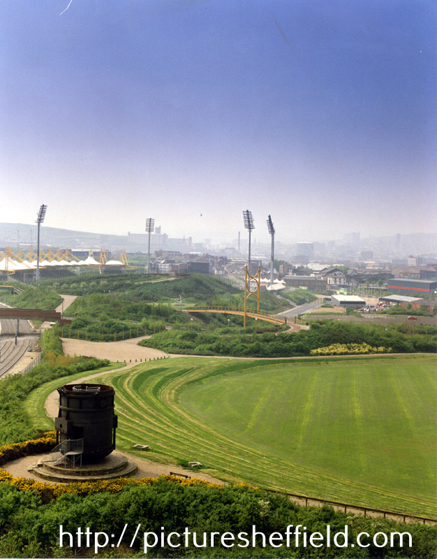 Panoramic view of Don Valley Bowl, East End Park with the Steel Ladle from Brown Bayleys Ltd. extreme left during the U.K. Summer Special Olympic Games Sheffield 1993