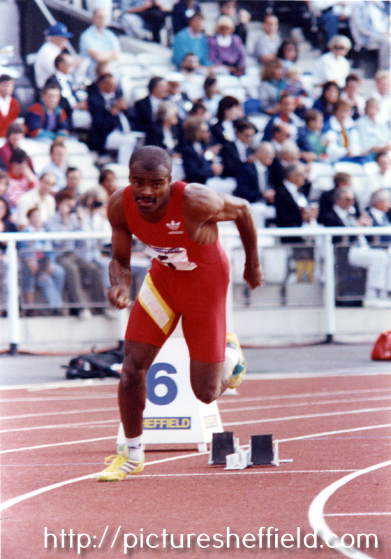 British Record Holder, Kris Akabusi at the start of the 400m Hurdles during the 3,000m at the McVities Challenge, Don Valley Stadium 