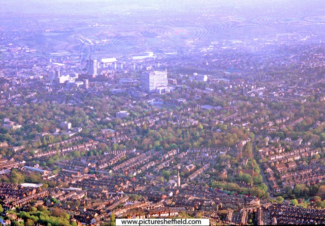 Aerial view of Broomhill and Broomhall area from a hot air balloon. Hallamshire Hospital in the distance