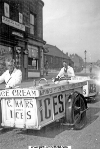 Motorbike Ice Cream Van, showing brothers, Mr Christian H. Kars, left, Mr Theodore Bangert, right