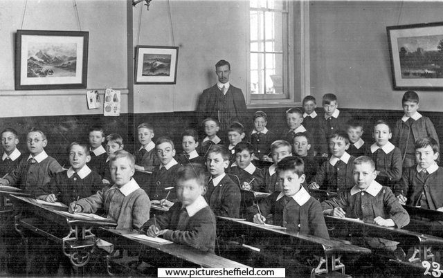 Boys class, Firs Hill School, 'Lawrence standing at right back, Batchelor (of Batchelors Peas) 2nd right front'