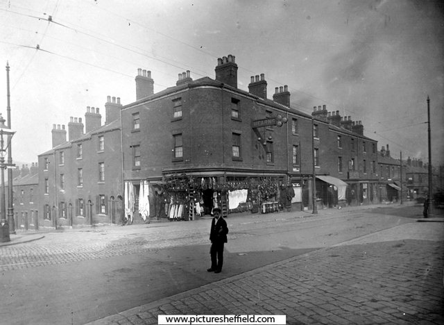 Frederick C. Mearns, pawnbrokers, Nos. 50 - 52 Langsett Road and houses on Wood Street, left