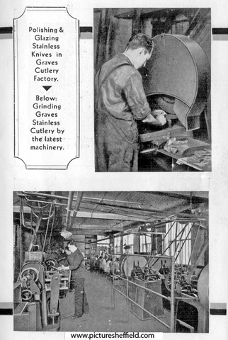 Page from a souvenir booklet by J.G. Graves Ltd., mail order suppliers, showing Enterprise Works, Cutlery Works, polishing and glazing stainless knives ang grinding knives