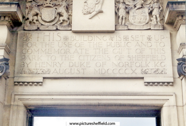 Inscription on the old doorway of the pavilion, Norfolk Park with the carved image of the 15th Duke of Norfolk