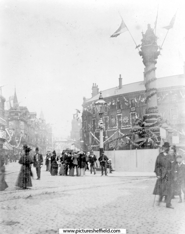 Queen Victoria's visit. Decorations at Crimean Monument, Moorhead. Nelson Hotel in background