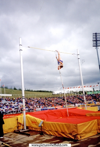 Jean Galfione, France attempting to clear the bar in the Mens Pole Vault, McDonalds International Athletics Meeting, DonValley Stadium