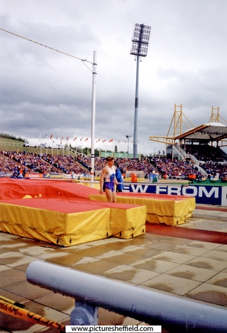 Jean Galfione, France after a successful clearance in the Mens Pole Vault, McDonalds International Athletics Meeting, DonValley Stadium