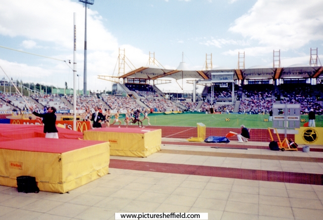 The bar put up at 3m 82 for a British and Commonwealth Record attempt by Linda Stanton Womens Pole Vault, McDonalds Games Athletics Meeting, DonValley Stadium while the 800 metres lead by Curtis Robb takes place on the track