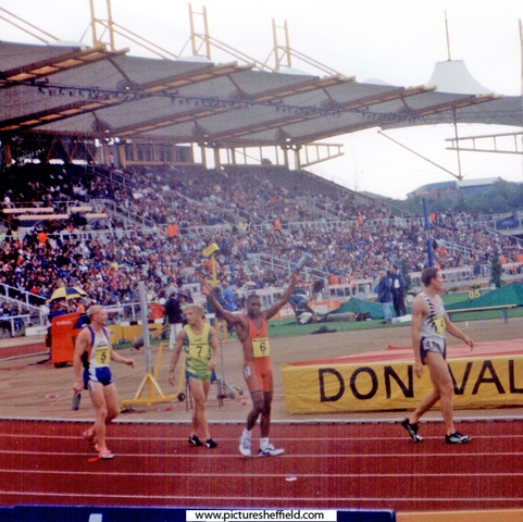 Britains Silver Medal 4 x 400 Relay Quartet (left to right) Iwan Thomas, Jamie Baulch, Mark Richardson and Roger Black (olympic Silver Medalist from Atlanta) after the Mens 400m, McDonalds Games Athletics Meeting, DonValley Stadium