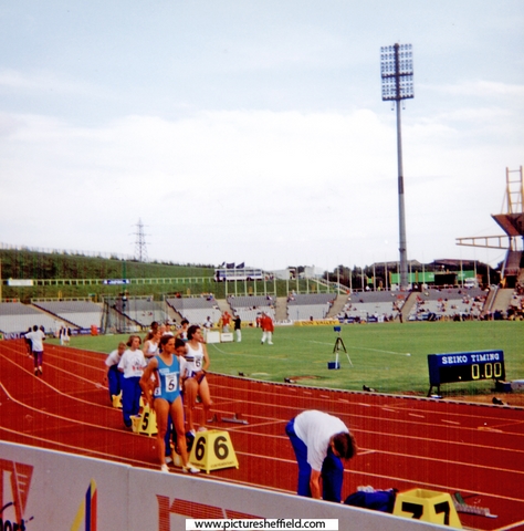 Sally Gunnell (No. 5 in blue) at the start of the 200m cometing for her club Essex Ladies in the Jubilee Cup Final, Don Valley Stadium