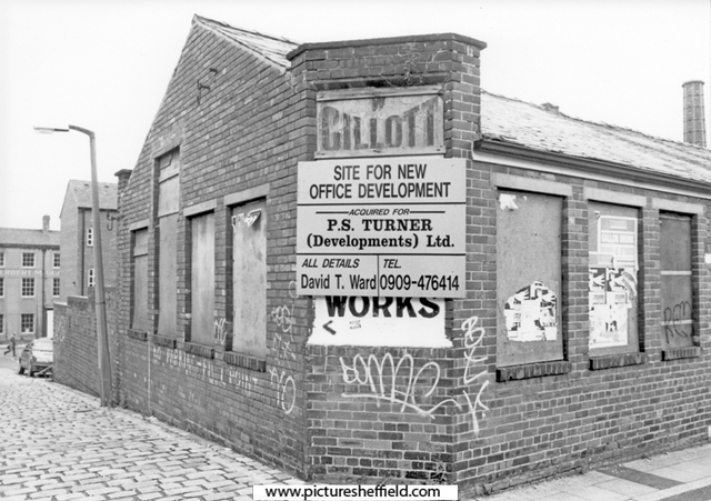 Former premises of Wm. Gillott and Son, pearl cutters, Pearl Works, Nos. 17 - 21 Eyre Lane at junction of Howard Lane (left).