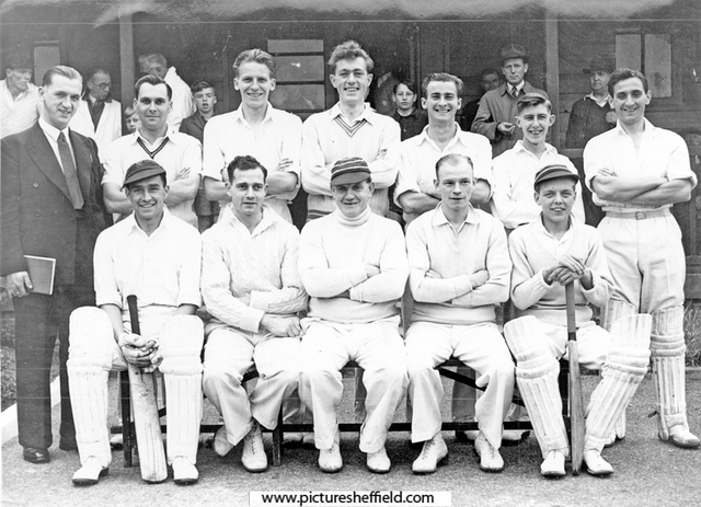 English Steel Corporation, Yorkshire Cricket Council XI, 1950 outside the wooden pavilion used for changing