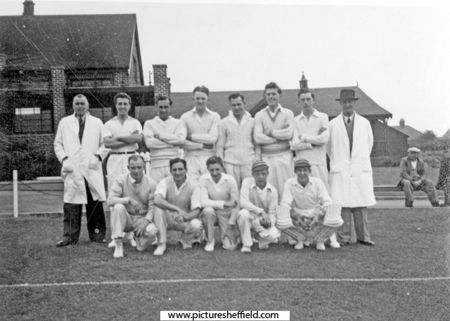 English Steel Corporation cricket team v's Cammell Laird 23rd June 1951 with the pavilion and wooden changing hut behind