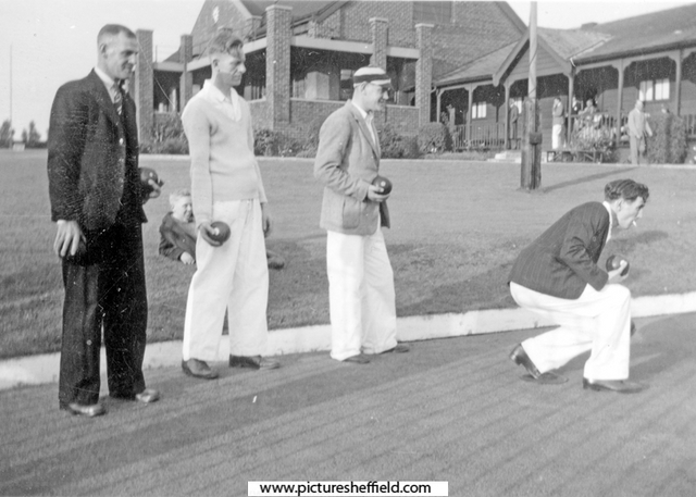 Bill Jarvis, Matt Cooke, Frank Smith and George Bradley bowling at English Steel Corporation sports ground with the pavilion and changing pavilion in the background