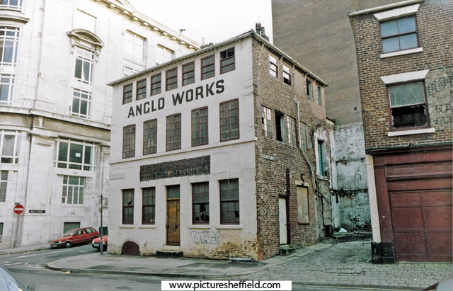 Former premises of Walter Trickett and Co. Ltd., spoon and fork makers, Anglo Works, No.23 Trippet Lane showing junctions with West Bank Lane (right) and Holly Street former Telephone Exchange extreme left