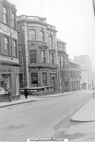 Pawson and Brailsford Ltd., printers (extreme left) and The Sheffield Club, No. 36 Norfolk Street with Mulberry Street between looking towards Thos. A. Ashton Ltd., engineers