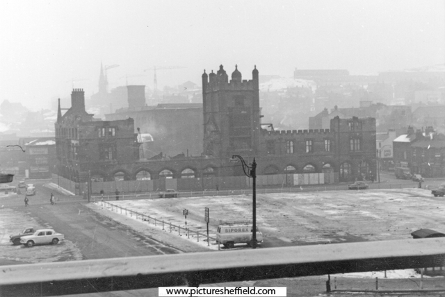 Elevated view across the site of the former Castle Folds Market to the Corn Exchange showing Exchange Street (left) and Sheaf Street