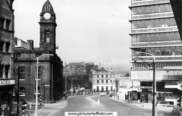 Court House (formerly the Old Town Hall) and Castle Market (right), Waingate looking towards Tennant Brothers Ltd., Exchange Brewery from Haymarket