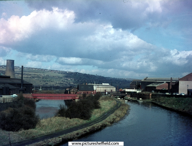 Sheffield and South Yorkshire Navigation  at Tinsley Locks showing the access bridge to Tinsley Rolling Mills over the River Don (left)