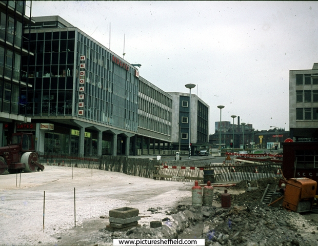 Roadworks on Furnival Gate looking towards Charter Square with Redgates, toyshop (left) late 1960's