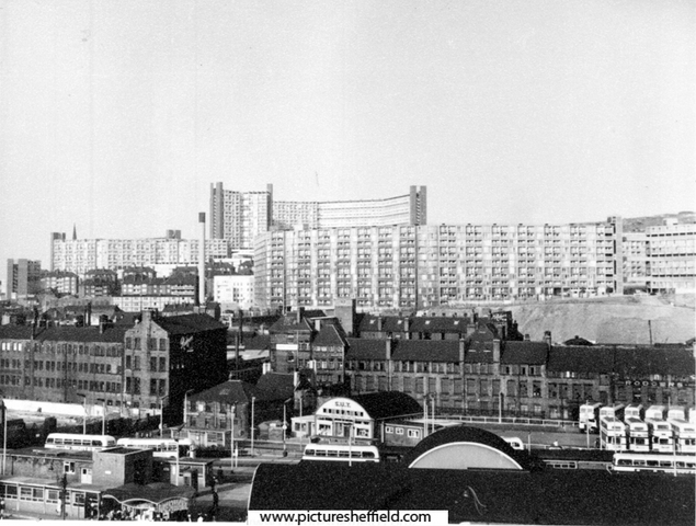 Elevated view looking across Pond Street Bus Station and former premises of George Senior and Sons, Ponds Forge (left); Joseph Rodgers, Sheaf Island Works towards Park Hill and Hyde Park Flats