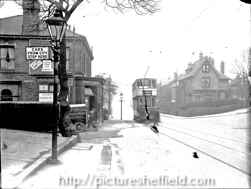 Millhouses Tram Terrminus, Abbeydale Road South. Archer Road and shop belonging to Charles P. Taylor, left