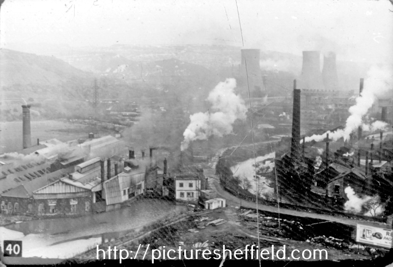 Elevated view of Wardsend Steel and Co., Wardsend Steel Works left and High Bridge Forge right off Penistone Road with Wadsley Forge Dam left 