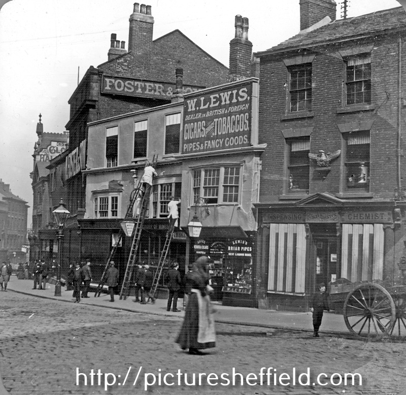 High Street prior to street-widening of 1896, No. 4 J. Preston, chemist, No. 6 William Lewis, tobacconist, No. 8 White Bear Inn, Nos. 10 - 14 William Foster and Son Ltd., tailors