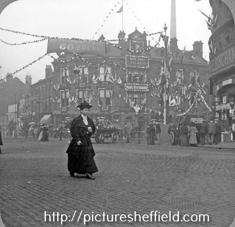 Wicker at junction with Blonk Street decorated for the royal visit of Queen Victoria, No 14, Corner Pin Hotel on corner