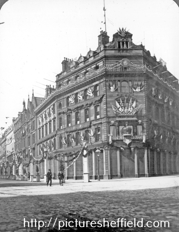 Cole Brothers decorated for the royal visit of Queen Victoria, Fargate at junction of Church Street