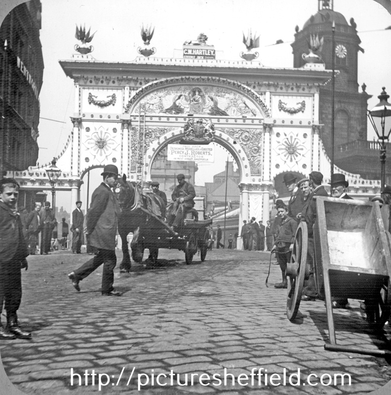 Queen Victoria's visit. Marble arch at Pinstone Street. St. Paul's Church in background