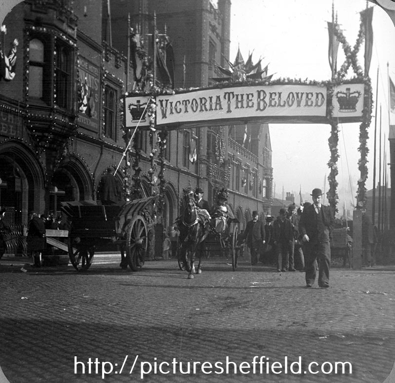 Corn Exchange with decorations for Queen Victoria's visit looking towards Sheaf Street