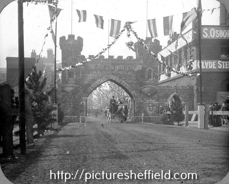 Queen Victoria's visit to Sheffield, decorations on Blonk Street. Samuel Osborn, Clyde Steel and Iron Works, right