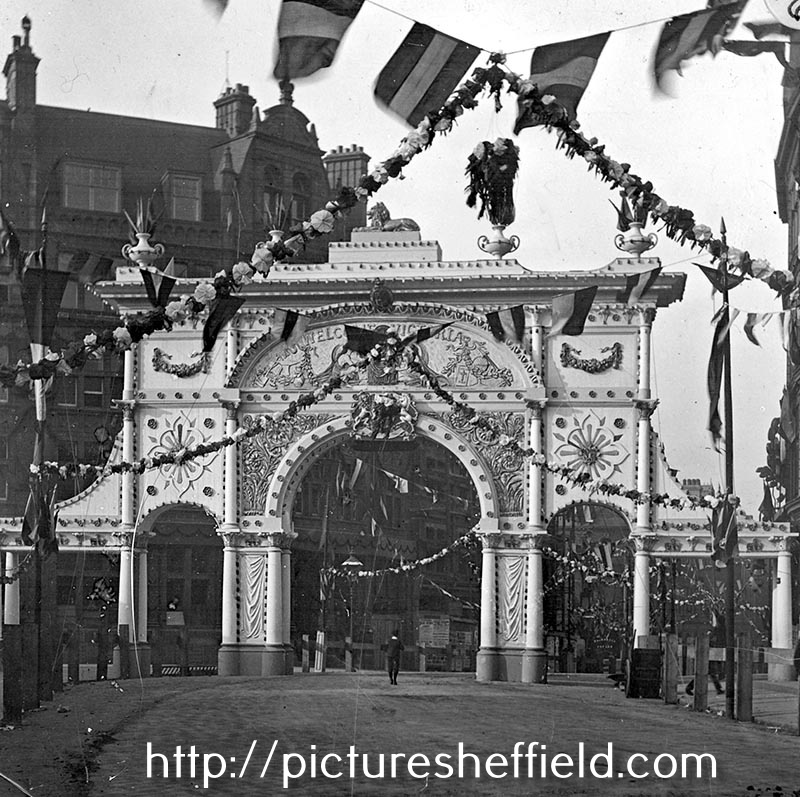 Royal visit of Queen Victoria, decorative arch, Pinstone Street