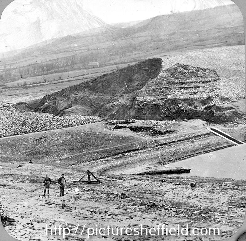 View of the break inside Dale Dyke Reservoir after the flood of 1864