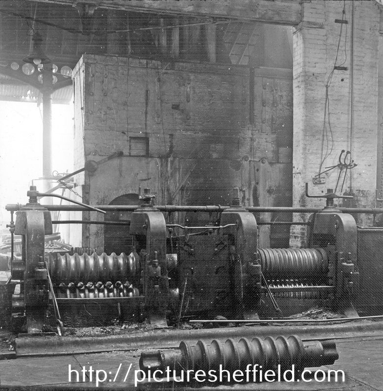 Interior of a rolling mill, possibly Sanderson Kayser Ltd., Attercliffe Steel Works, Newhall Road