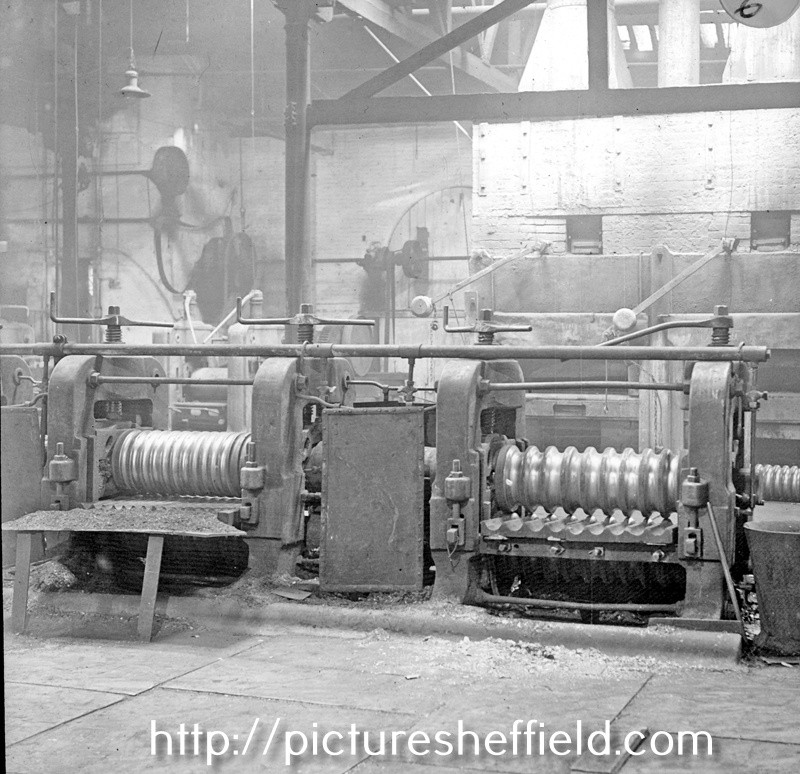 Interior of a rolling mill, possibly Sanderson Kayser Ltd., Attercliffe Steel Works, Newhall Road
