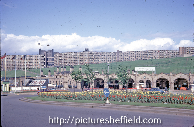 Sheffield Midland railway station, Sheaf Square, looking towards Hyde Park Flats