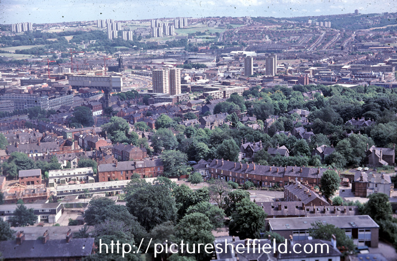 Sheffield from the top of the Hallamshire Hospital. Broomhall area in foreground, looking towards Highfield and St. Mary's area