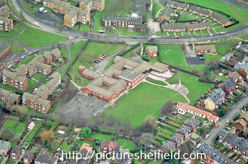 Aerial view of St. Catherine's RC First and Middle School, Shirecliffe. Firshill Crescent in background. Roe Lane, right