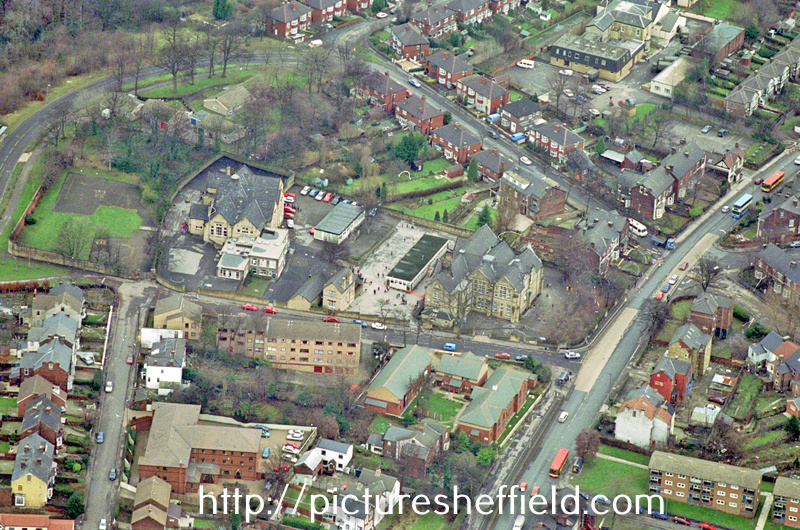 Firs Hill Junior and Infant School, Orphanage Road. Barnsley Road, right, Roe Lane, left. Firshill Crescent and Firshill Avenue in background