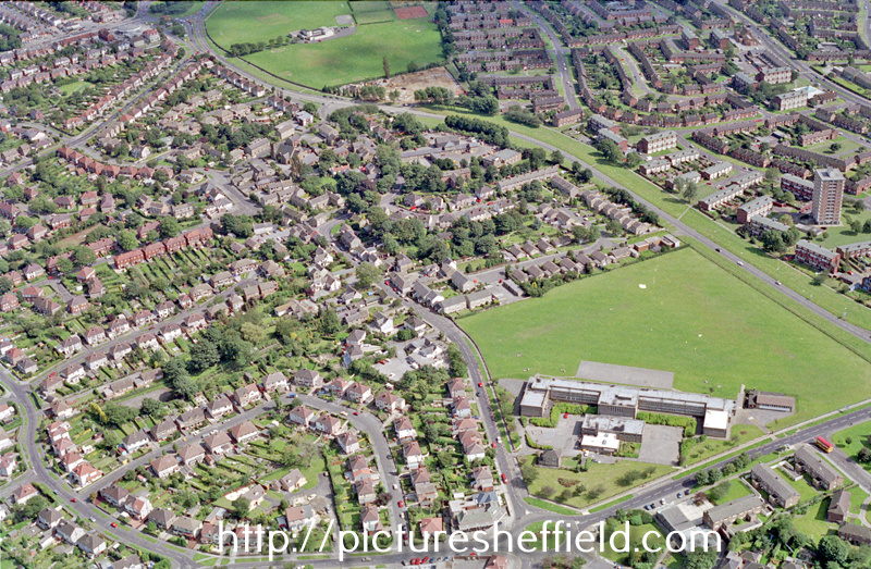 Greenhill Primary School, Greenhill Main Road, foreground, right. Meadow Head Avenue, Allenby Drive and Reney Road, foreground. Parkway Road in background