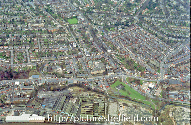 Aerial view of Nether Edge area. Includes Abbeydale Road (including Abbeydale Primary School), foreground. Machon Bank and Sheldon Road, right, centre. Little London Road, foreground, left