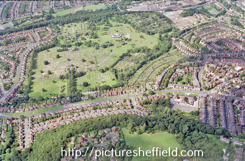 Aerial view of Abbey Lane area. Includes Strelley Avenue and Abbey Lane in foreground (Abbey Lane Primary School, on right) and Abbey Lane Cemetery in centre