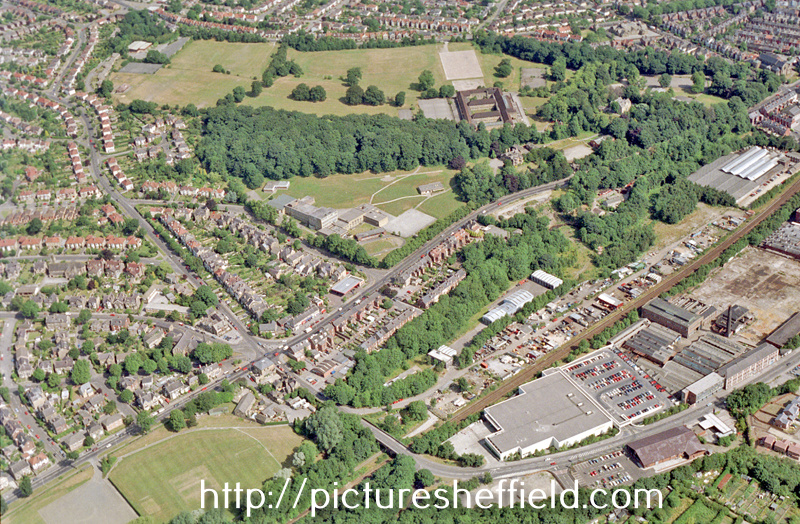 Aerial view of Millhouses area. Abbeydale Road and Abbeydale Grange School, centre. Archer Road and railway, right. Springfield Road, left. Millhouses Park, foreground, left