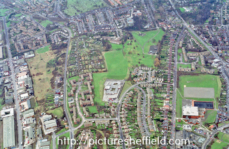 Aerial view of Grimesthorpe / Firth Park area. Petre Street and Grimesthorpe Road, left. Whiteways Middle School, Whiteways Road, centre. Earl Marshal Road and Earl Marshal Campus, right