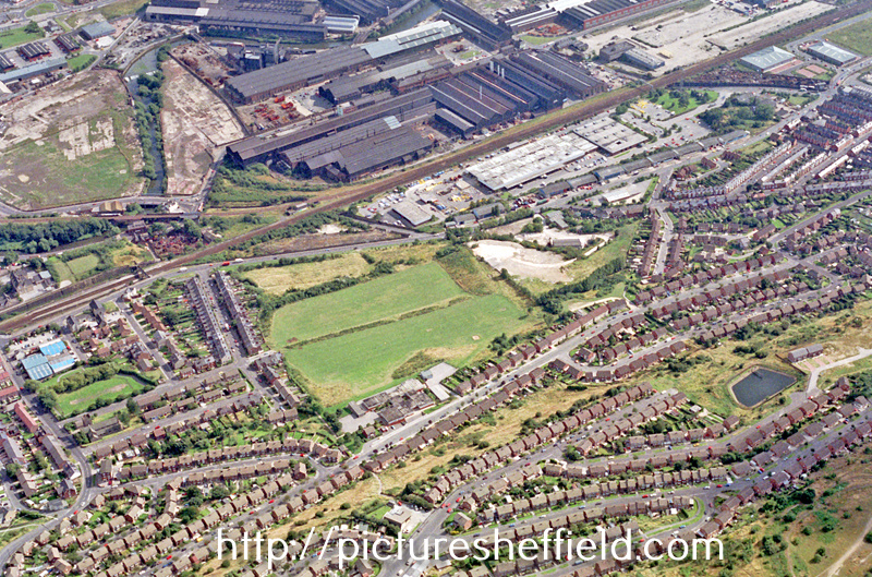 Aerial view of Wincobank and Brightside area. Vickers Works, top centre. Jenkin Avenue and Beacon Way, foreground. Jenkin Drive and Limpsfield Road, left. Limpsfield Middle School, centre. Sandstone Road, Fort Hill Road and Beacon Road, bottom right