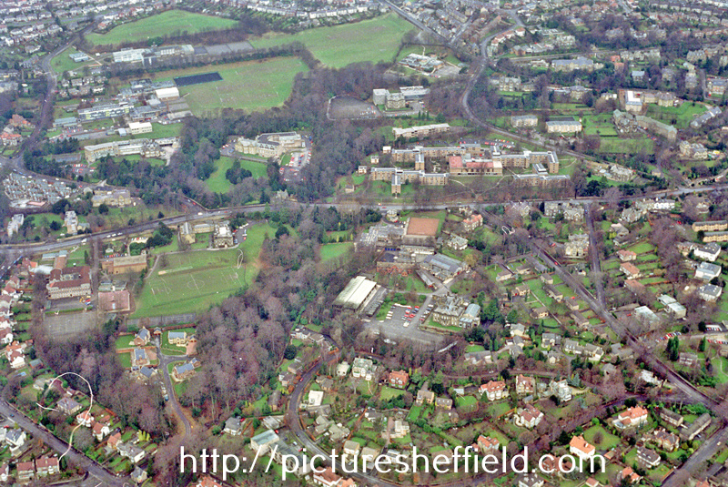 Aerial view of Broomhill and Endcliffe area. Fulwood Road, centre including the Halls of Residence and Tapton Secondary School. Endcliffe Vale Road, Endcliffe Hall Avenue and Endcliffe Grove Avenue in foreground