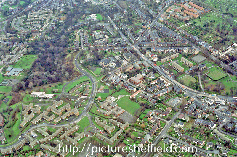 Aerial view of Shirecliffe/Pitsmoor area. Prominent roads include Barnsley Road, Scott Road and Firshill Road, right. Firshill Crescent and Firshill Rise, left. Firs Hill School, centre